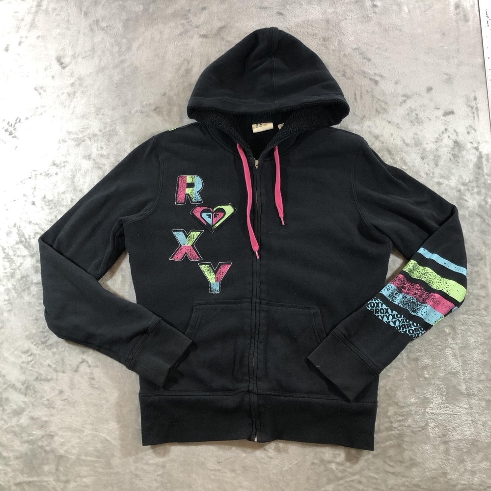 Vintage Roxy Hoodie Sweatshirt Womens Large Black Sherpa Full Zip Graphic Y2K
